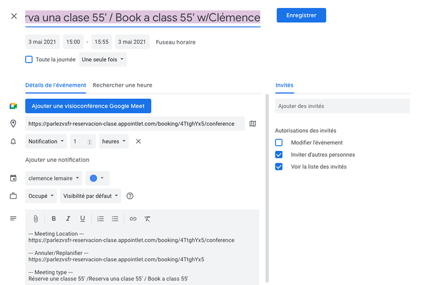 Add the clase to Google agenda